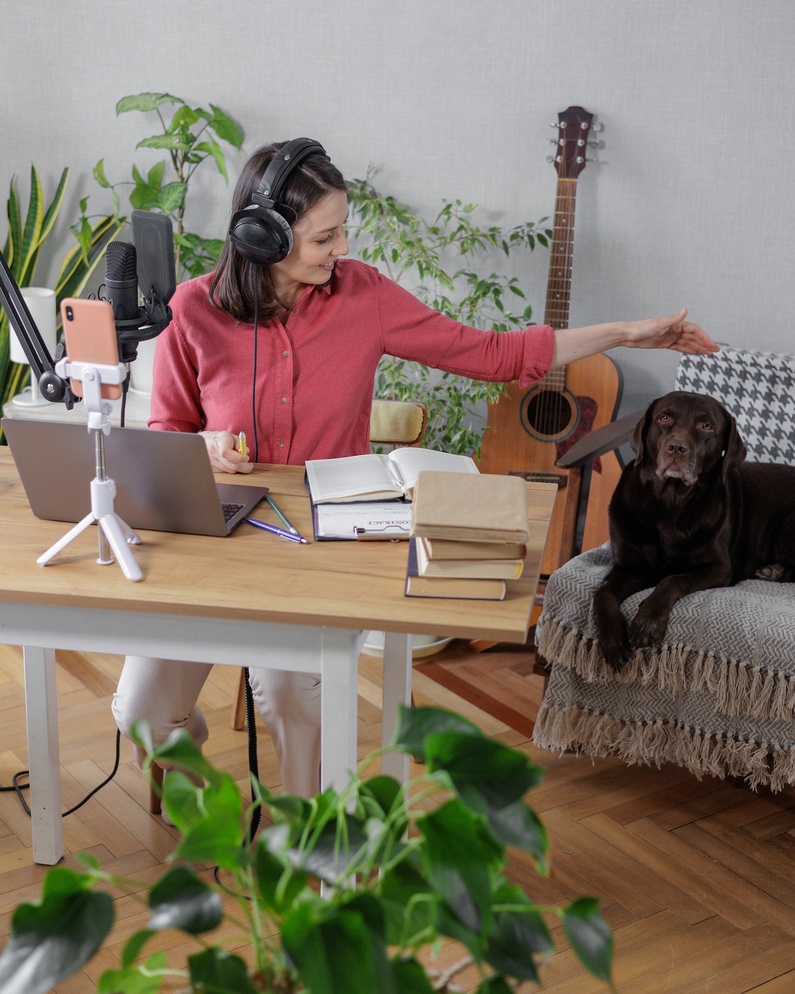 woman in a home office records podcast audio content with a microphone and headphones and a labrador